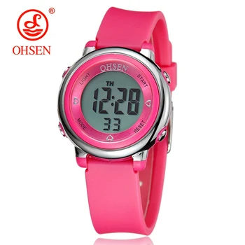 OHSEN Skaitmeninis LCD Vaikai Mergina Pink Laikrodis Gumos Dirželis 50M Naras 7 Spalvų Cartoon Vaikų Berniukų Mados Žiūrėti Žadintuvas