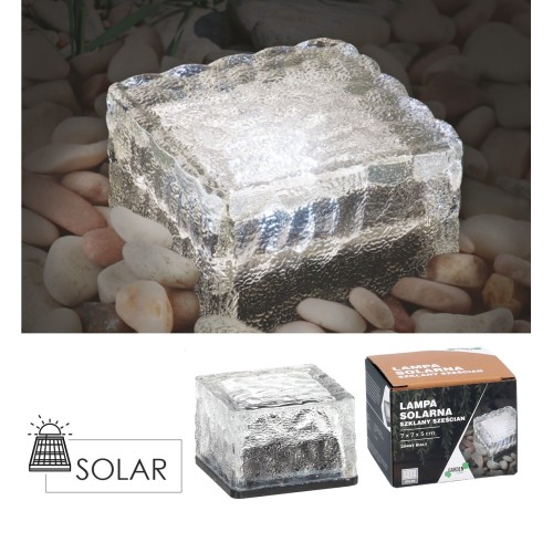 STIKLINĖ SAULĖS LEMPA – KUBAS 7 × 7 × 5 CM, ŠALTAI BALTA LED