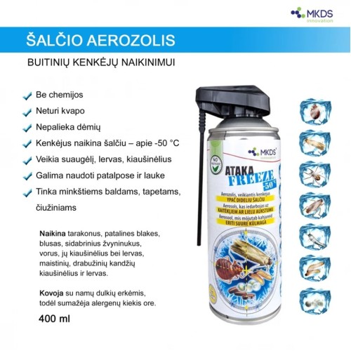 ATAKA FREEZE -50 °C ŠALČIO AEROZOLIS VABZDŽIŲ NAIKINIMUI, 400 ML ATAKA FREEZE -50 °C ŠALČIO AEROZOLIS VABZDŽIŲ NAIKINIMUI, 400 ML