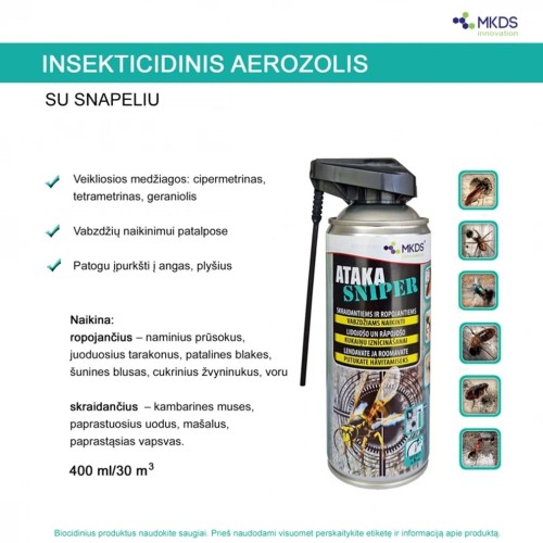 ATAKA SNIPER INSEKTICIDAS SKRAIDANTIEMS IR ROPOJANTIEMS VABZDŽIAMS, 400 ML