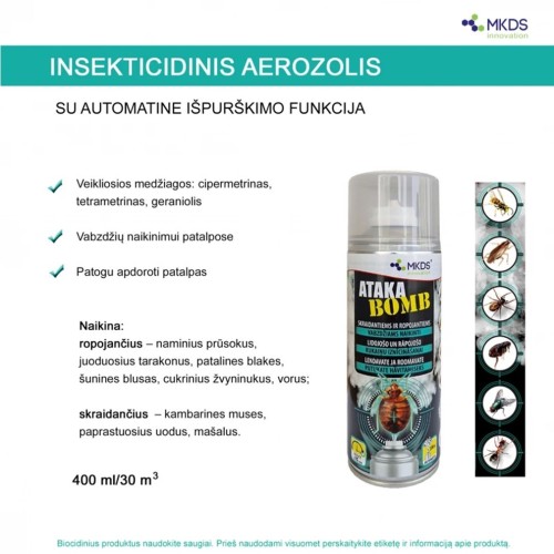 ATAKA BOMB INSEKTICIDAS SKRAIDANTIEMS IR ROPOJANTIEMS VABZDŽIAMS, 400 ML