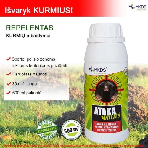 ATAKA MOLES REPELENTAS KURMIAMS ATBAIDYTI, 500 ML ATAKA MOLES REPELENTAS KURMIAMS ATBAIDYTI, 500 ML