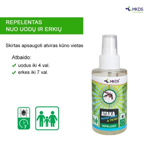 ATAKA MOSQUITOES & TICKS – REPELENTAS NUO UODŲ IR ERKIŲ, 100 ML ATAKA MOSQUITOES & TICKS – REPELENTAS NUO UODŲ IR ERKIŲ, 100 ML