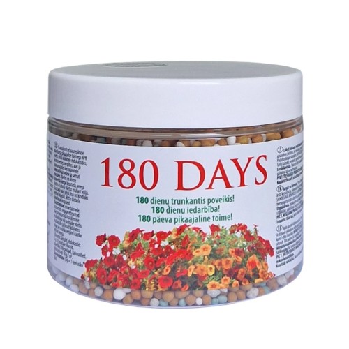 180 DAYS ILGO POVEIKO TRĄŠOS ŽYDINTIEMS AUGALAMS, 500 G 180 DAYS ILGO POVEIKO TRĄŠOS ŽYDINTIEMS AUGALAMS, 500 G