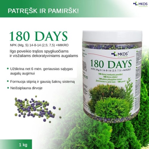 180 DAYS ILGO POVEIKIO TRĄŠOS SPYGLIUOČIAMS IR VISŽALIAMS, 1 KG