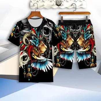2021 vyriški laisvalaikio kostiumas vasaros trumparankoviai marškinėliai + šortai 2-piece set tendencija Kinų stiliaus 3D liūtas spausdinti vyriški drabužiai
