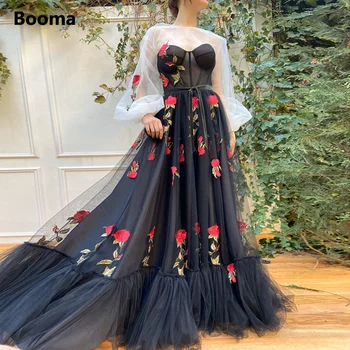 Booma 2022 Juoda Ilgomis Rankovėmis-Line Prom Dresses Vien Iškirpte Appliqued Gėlės Pakopų Tiulio Prom Chalatai Oficialią Suknelės, Šaliai