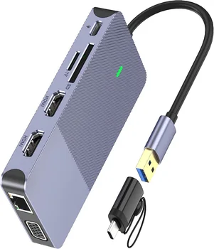 Docking Station 11 1 C Tipo Stebulės Trigubas Ekranas, Dual HDMI, USB 3.0-VGA Adapteris, Suderinamas su MacBook USB Dock-Pilka