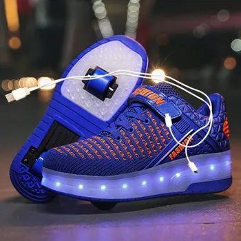 Du Balti LED usb įkrovimo roller bateliai Mėlynos, Rausvos šviesos, šviesos sportbačiai su ratais vaikai volai skate batai berniukas mergaičių