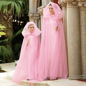Elegantiška Rožinės Spalvos Akių Motina Ir Dukra Šalis Suknelės Musulmonų Ilgai Tiulio Linijos, Mama Ir Vaikai Prom Chalatai Su Žaliuoju