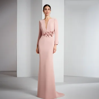 Elegantiškas Šviesiai Rausvos Vakaro Šalis Suknelės 2023 V Kaklo 3D Gėlės ilgomis Rankovėmis Oficialų Prom Chalatai Chalatas De Soirée
