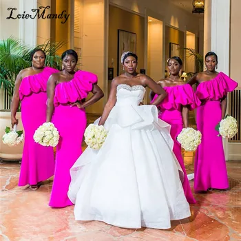 Fuksija Satino Undinė Bridesmaid Dresses Ilgas Prašmatnus Vieną Petį Afrikos Moterų Apvalkalą Vestuvių Svečių Suknelė Šalis