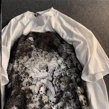 Grynos medvilnės American retro kaukolė angelas spausdinti trumpas rankovėmis marškinėliai vyrams ir moterims madingo prekės ženklo prarasti ins pusė rankovėmis marškinėliai topai