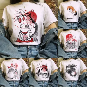 Kawaii Kate Vasaros Mielas Marškinėliai Atsitiktinis Moterų Mados Viršūnes Grafinis Japonų Stiliaus Moterų Trumpomis Rankovėmis Drabužius, Negabaritinių Marškinėliai