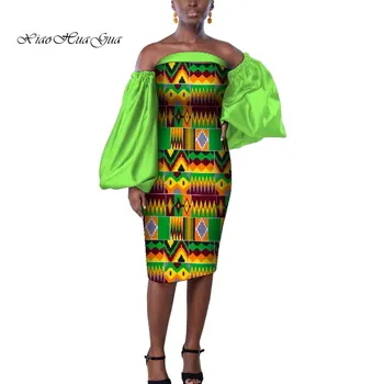 Mados Off Peties Afrikos Suknelės Moterims Afrikos Spausdinti Sluoksniuotos Rankovėmis Stebėjimo Bodycon Midi Suknelė Vakare Šalies WY9207