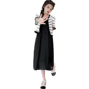 Mergaičių Drabužių Mados Dryžuotas Megztinis + Ilga Suknelė Dviejų dalių Kostiumai Paauglių Kostiumas Vaikų Vasaros Korėja Vaikai Komplektai