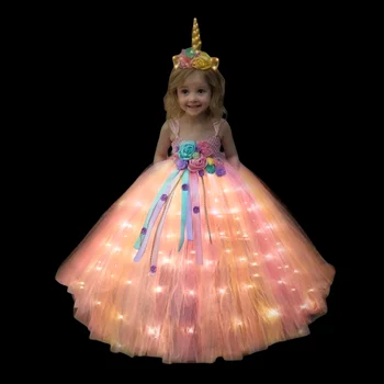 Merginos Pastelinių Vienaragis Žiedų LED lemputės Tutu Suknelė Kamuolys Suknelė Baby Girl Princess Gimtadienio Suknelės Šalies Kalėdų Drabužiai
