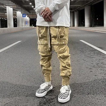 Multi-kišenės patrankos sviedinys Raišteliu Atsitiktinis Krovinių Pants Mens Gatvės Tiesiai Retro Oversozed Streetwear Laisvas Kelnes