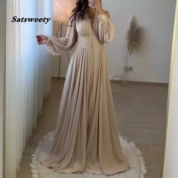 Musulmonų Vakaro Suknelės Moterims Šalis Šampano Ilgomis Rankovėmis Dubajus Oficialų Promenadzie Suknelė-Line Šifono Vestidos De Fiesta