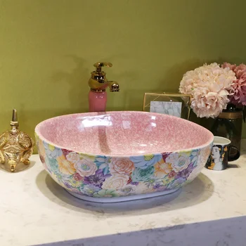 Ovalo formos Europa stiliaus kinijos praustuvas kriaukle Jingdezhen Meno Skaitiklis Viršuje keraminės kriauklės rožinė vonios kriaukle