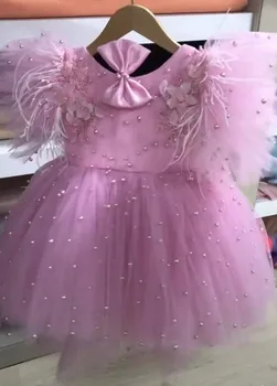 Rankų Darbo Princess Gimtadienio Suknelė Pink Pearl Mergina Dress Tutu Gėlių Mergaitės Suknelė Sluoksniuotos Rankovėmis Pirmos Komunijos Suknelė