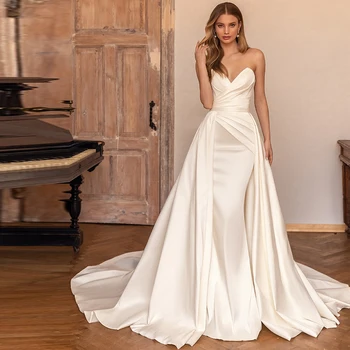 Spalvingas White Satin Oficialią Vestuvių Suknelė Nuimamas Traukinio Rankovių V Kaklo Paprasta Civilinės Nuotakos Suknelė Undinė Chalatas De Soriee