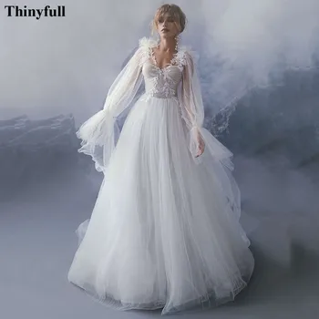 Thinyfull Linijos, Pakopų Tiulio Nėrinių Vestuvių Suknelės, Nuimamas Ilgio Sluoksniuotos Rankovėmis Nuotakos Šalis Suknelės Korsetas Plius Dydis Vestuvių Suknelė