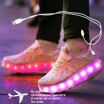 Vaikų Berniukų Šviesos Žėrintis Sportbačiai su Double / Dviejų Ratų Ritinio Skate Batai Suaugusiems, Vaikams, USB Įkrovimo Batai Pink Merginos