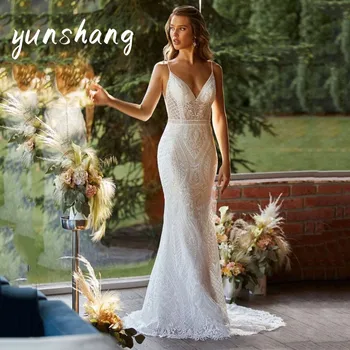 Yunshang Prabanga Undinė Vestuvių Suknelė 2023 Balta Nėrinių Atvira Nugara V-Kaklo Spageti Dirželis Nuotakos Suknelė Valymo Traukinio Vestidos De Novia